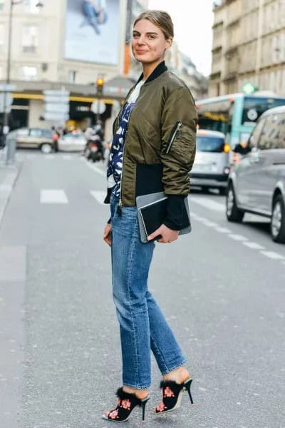 Green Jacket with White Graphic Tee & Blue Boyfriend Jeans