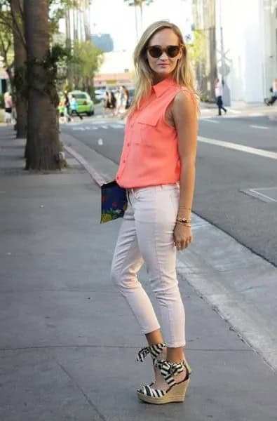 Orange Sleeveless Button Up Shirt with White Slim Fit Pants