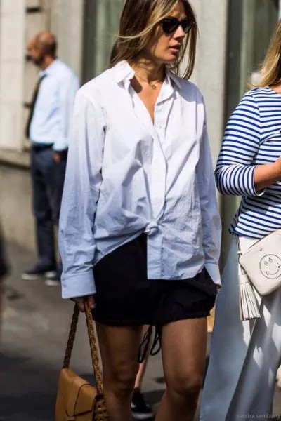 Button Up Knotted Shirt with Black Mini Skirt