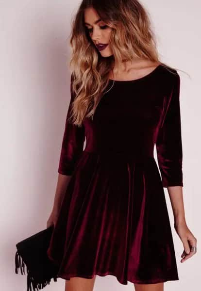 Burgundy Three-Quarter Sleeve Mini Velvet Skater Dress