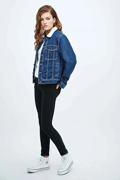 Blue Denim Jacket with White Tee & Black Skinny Jeans