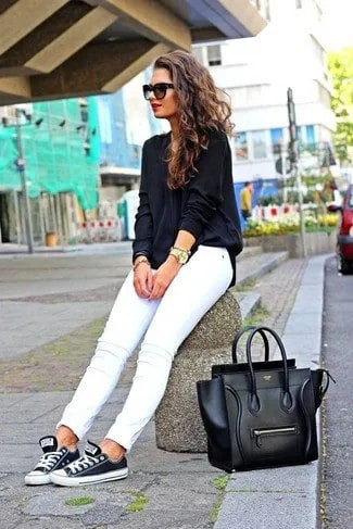 Black and White Low Top Shoes with White Slim Fit Jeans