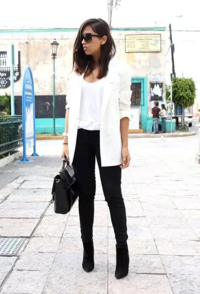 White Longline Blazer with Black Ankle Suede Boots