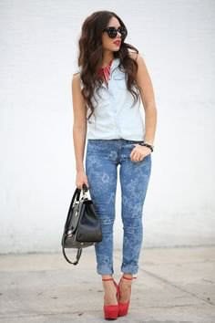 White Sleeveless Shirt with Blue Floral Skinny Jeans