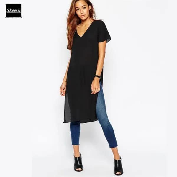 Black V Neck Side Slit Long Shirt with Skinny Jeans