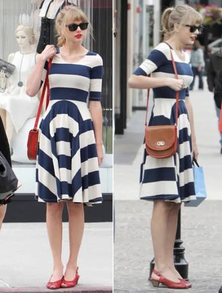 Navy Blue and White Wide Striped Fit and Flare Dress with Red Open Toe Kitten Heels