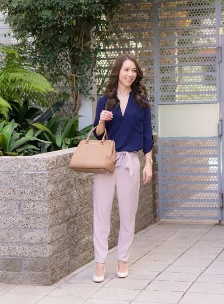 Navy Blouse with Pink Tie Front Relaxed Fit Pants