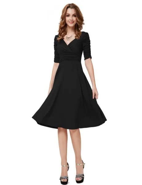 Black Half Sleeve V Neck Fit and Flare Knee Length Cocktail Dress