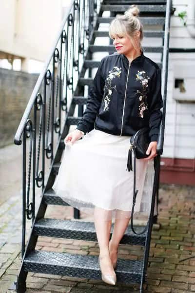 Black Embroidered Bomber Jacket with White Chiffon Flare Skirt