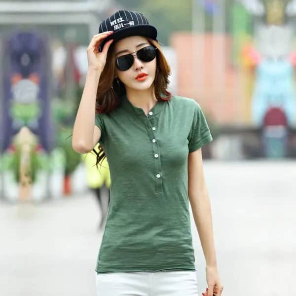 Green Collarless Polo Shirt with White Jeans & Baseball Cap