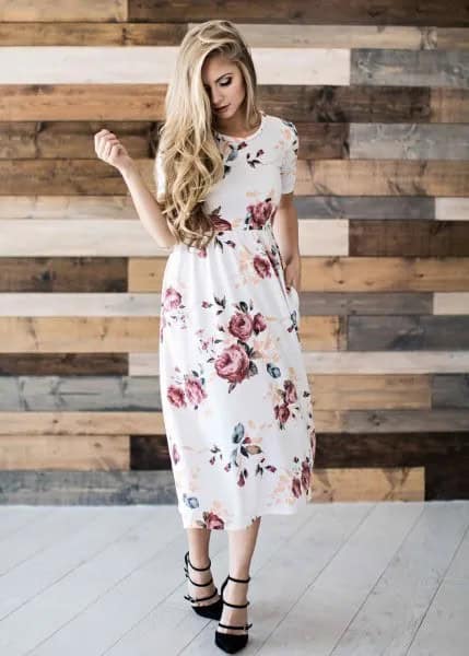 White Floral Gathered Waist Midi Dress