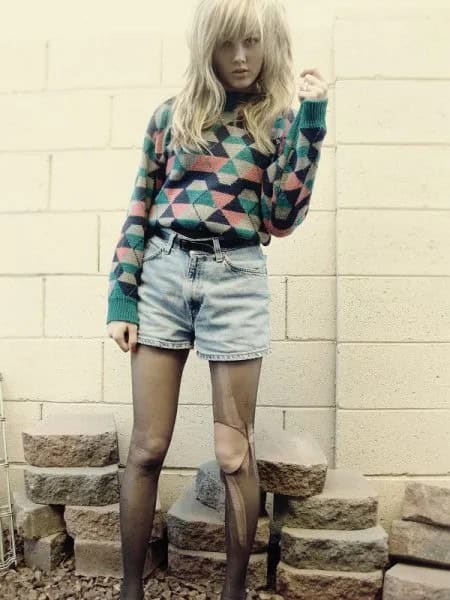 Blush and Black Diamond Printed Sweater with High Waisted Belted Denim Shorts