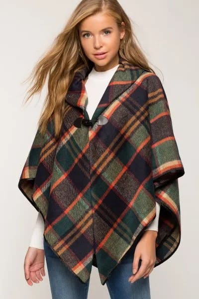 Buttoned Grey and Orange Plaid Poncho with White Crew Neck Sweater