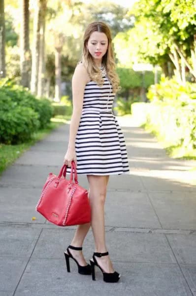 Sleeveless Striped Dress with Open Toe Heels