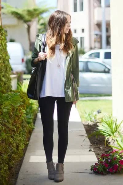 White T Shirt with Grey Bomber Jacket & Leggings