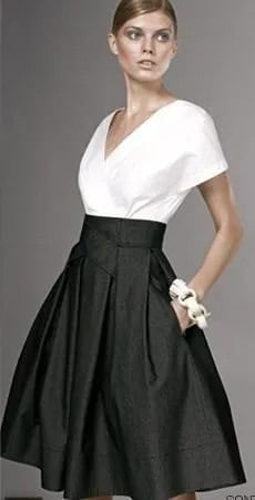 White V Neck Wrap Blouse with Black High Waisted Midi Flared Skirt with Pockets