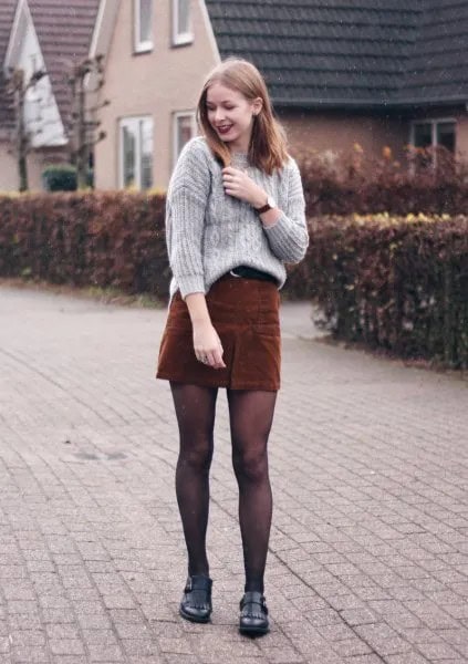 Grey Ribbed Chunky Knit Sweater with Brown Corduroy Mini Skirt