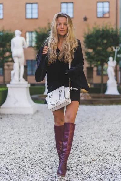 Black Bell Sleeve Dress with Grey Leather Knee High Boots