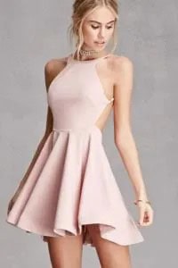 Pink Halter Neck Backless Skater Cocktail Dress with Silver Choker