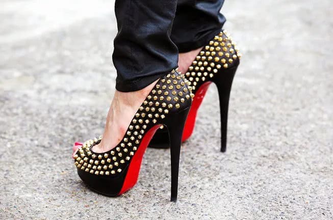 Dress Pants & Black Platform Heels with Gold Studs