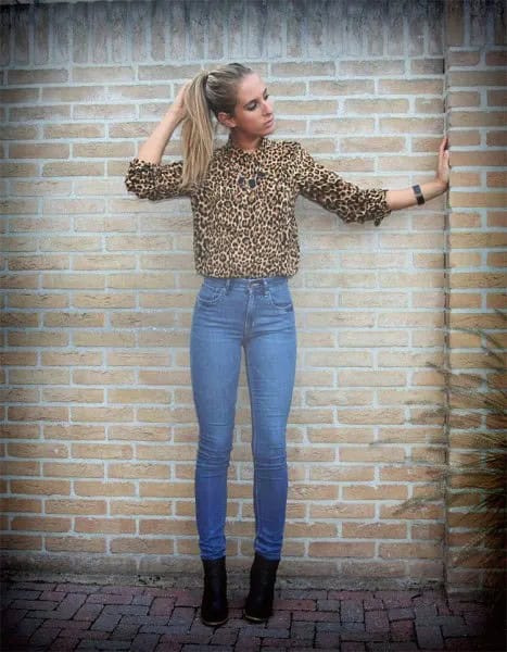 Leopard Print Button Up Shirt with Blue High Waisted Skinny Jeans