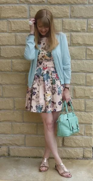 Sky Blue Cardigan with Floral Printed Mini Flared Dress & Gold Sandals