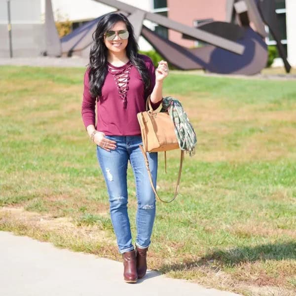 Pink Lace Up Long Sleeve Tee with Jeans