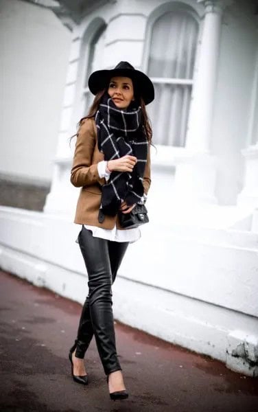 Blush Pink Wool Blazer with Black and White Plaid Scarf