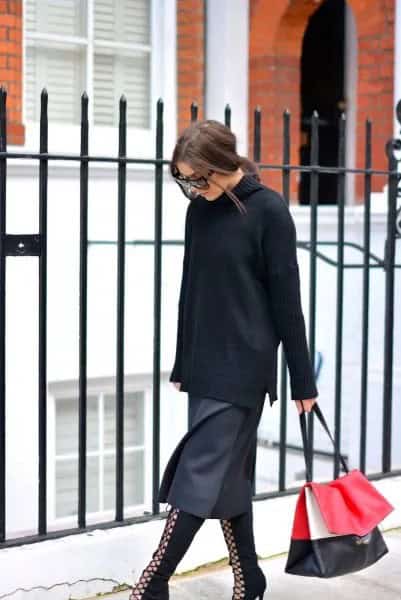 Black Turtleneck Chunky Sweater with Grey Midi Skirt & Boots