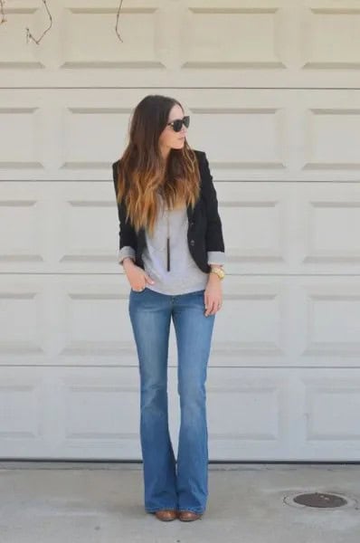 Black Blazer with Grey Tee & Blue Flare Jeans