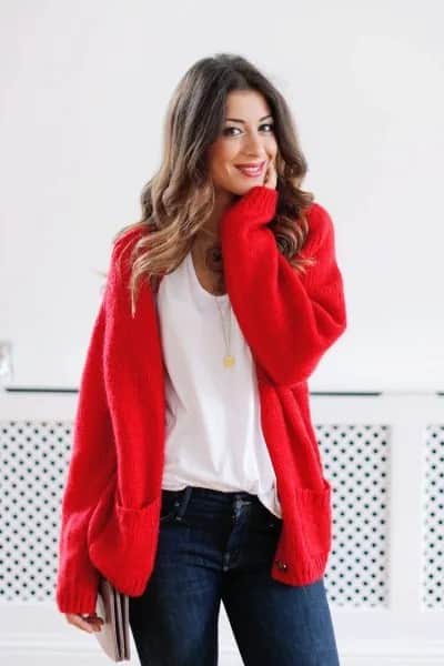 Red Chunky Cardigan Sweater with White Scoop Neck Tee & Dark Blue Skinny Jeans