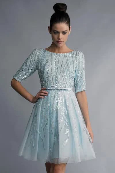 Light Blue Gathered Waist Cocktail Dress with Silver Sequin Details