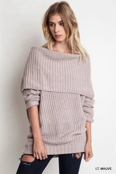 Grey Fold Over Shoulder Ribbed Sweater