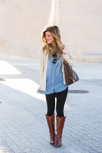 Pale Pink Sweater Cardigan with Tunic Denim Shirt & Grey Leather Boots