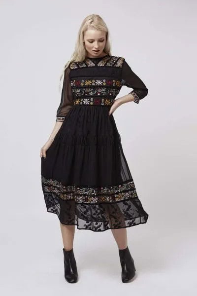 Black Three-Quarter Sleeve Chiffon Embroidered Flared Midi Dress