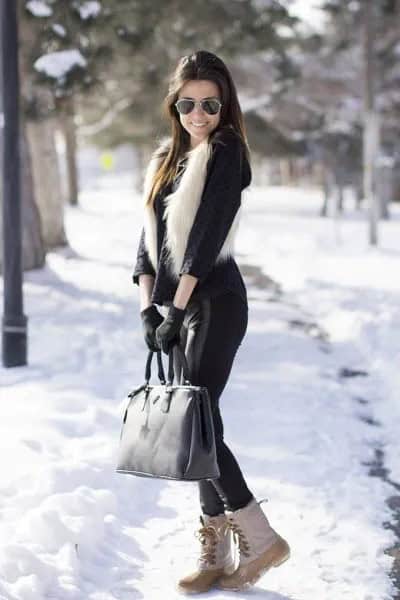 Black Blouse with Faux Fur Vest & White Snow Boots