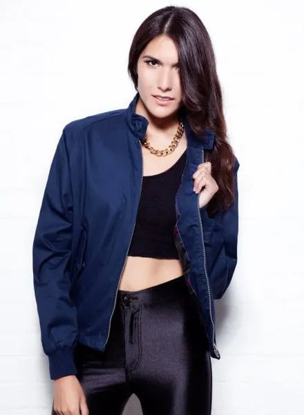 Navy Jacket with Black Crop Top & Silk Skinny Pants