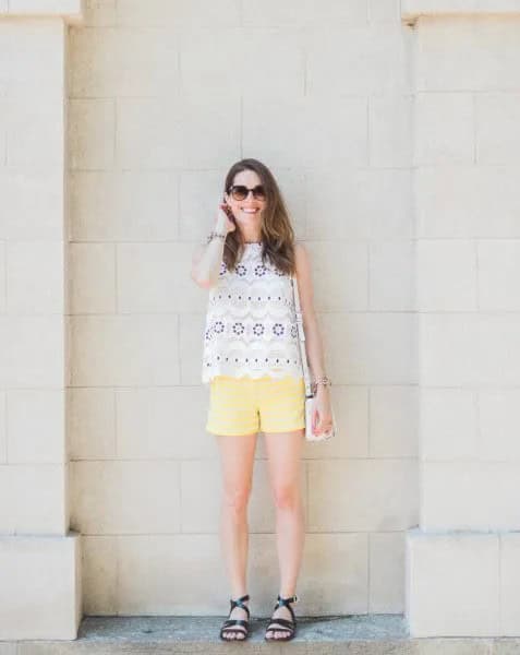 Pale Yellow Shorts with White, Pink and Blue Scalloped Hem Sleeveless Top