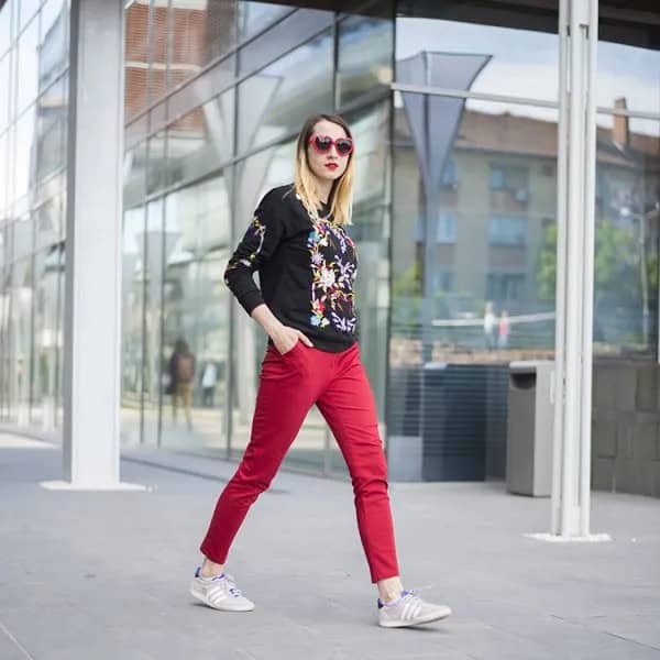 Black Embroidered Sweater with Red Skinny Jeans