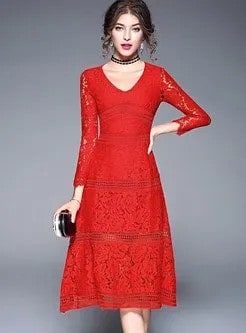 Red Long Sleeve Fit and Flare Midi Lace Dress with Choker