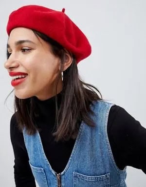 Red Painter’s Hat with Black Mock Neck Sweater & Blue V Neck Denim Dress