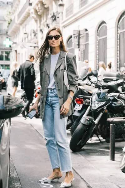 Grey Long Blazer with Light Blue Jeans & Pale Pink Heels