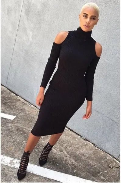 Black Mock Neck Cold Shoulder Bodycon Midi Dress