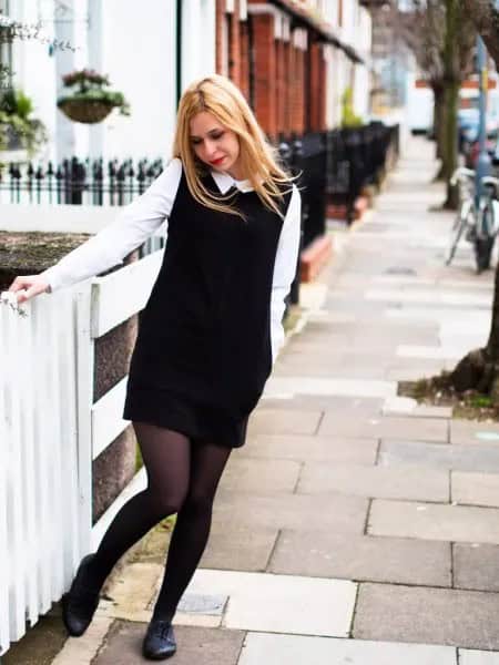 White Collar Shirt with Black Sleeveless Knit Sweater Dress