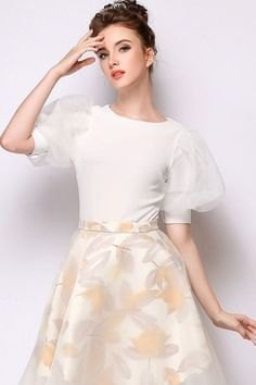 White Two-Toned Puff Sleeve Top with Flare Skirt