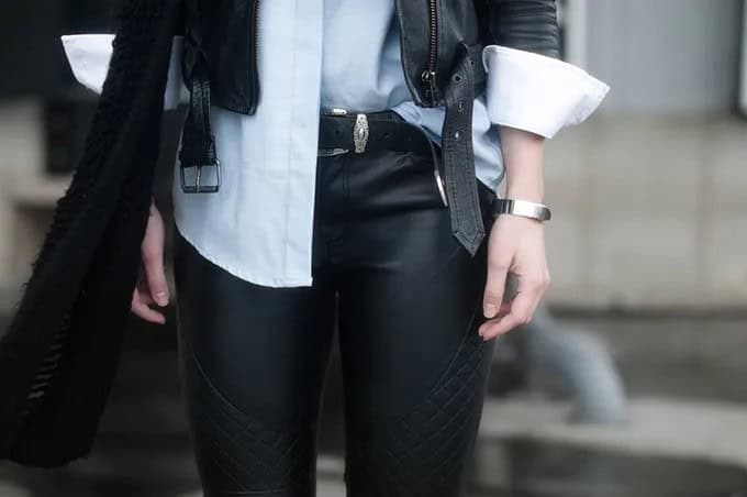 Black Leather Jacket with White Button Up Shirt & Belted Biker Pants