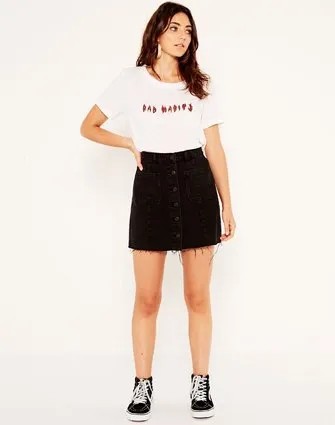 White Print Tee with Black Button Front Denim Skirt