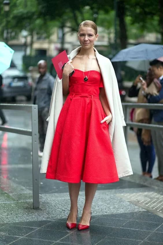 Beige Coat and Red Strapless Dress