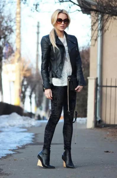 Leather Riding Jacket with Ivory Cable Knit Sweater