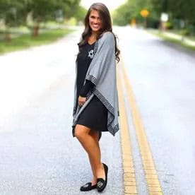 Grey Kimono Cardigan with Black Shift Dress & Royal Blue Loafers